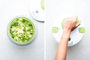 Washing romaine lettuce.