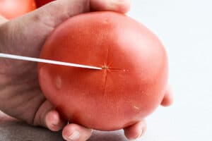 Scoring an "X" into a tomato.