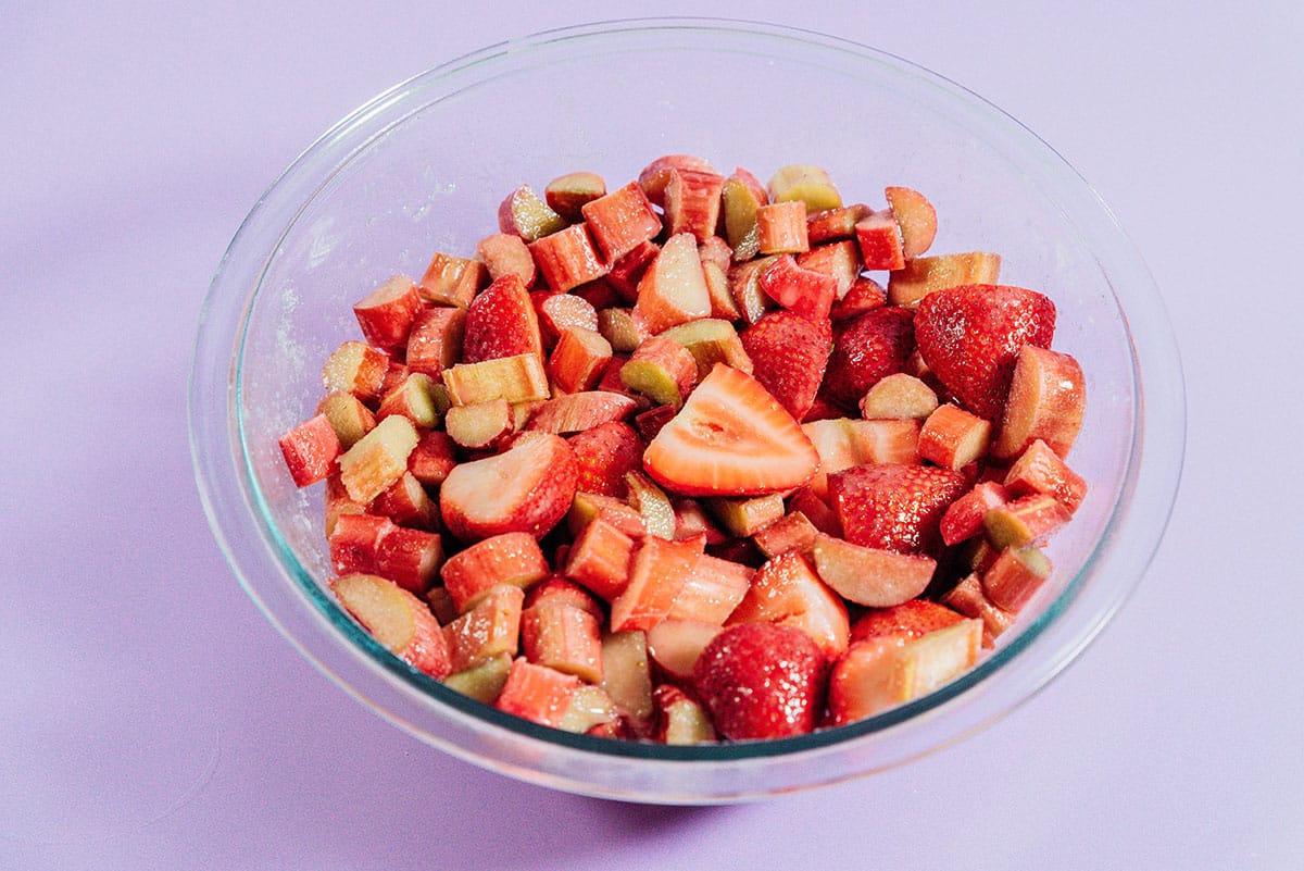 Strawberries and rhubarb in a bowl.