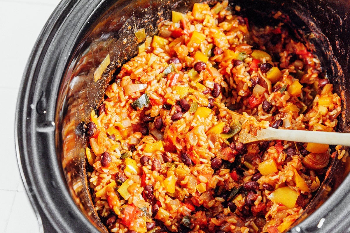 Mexican rice bowl in a slow cooker.