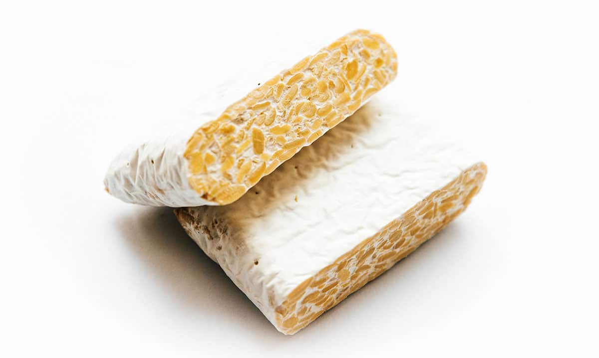 Picture of tempeh block on white background.