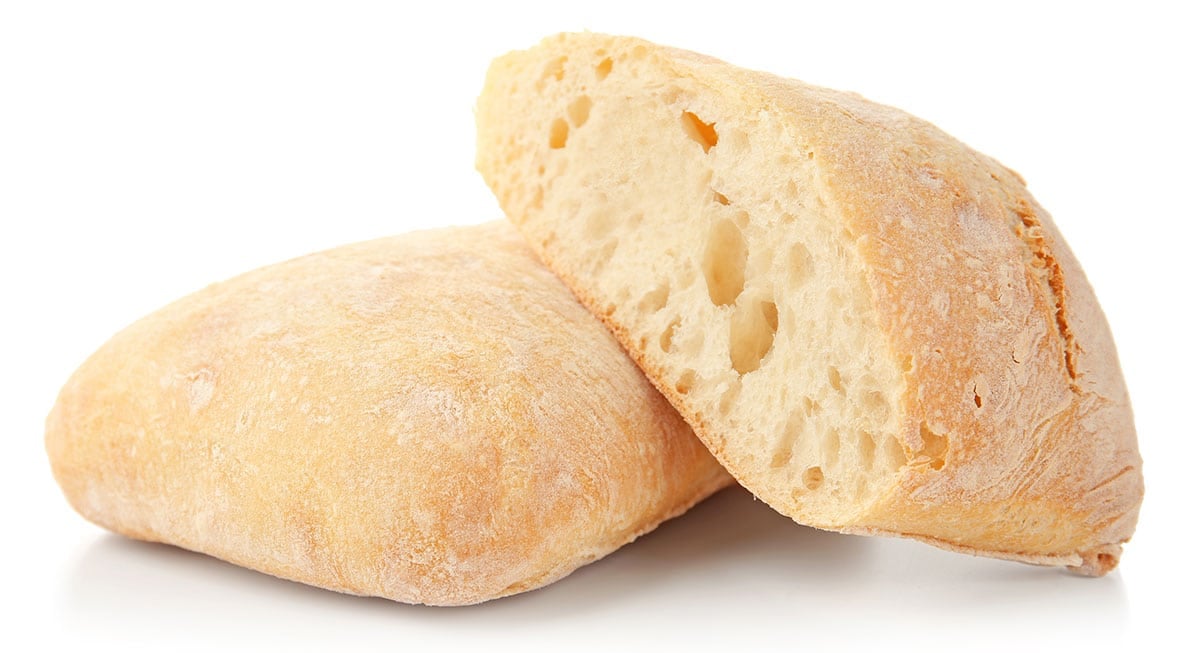 Ciabatta bread on white background.