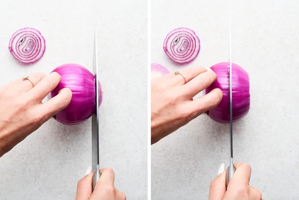 Slicing a purple onion.