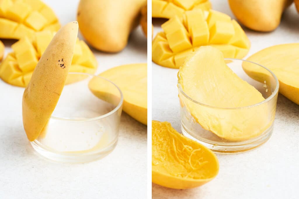 Cutting mango with the cup method.