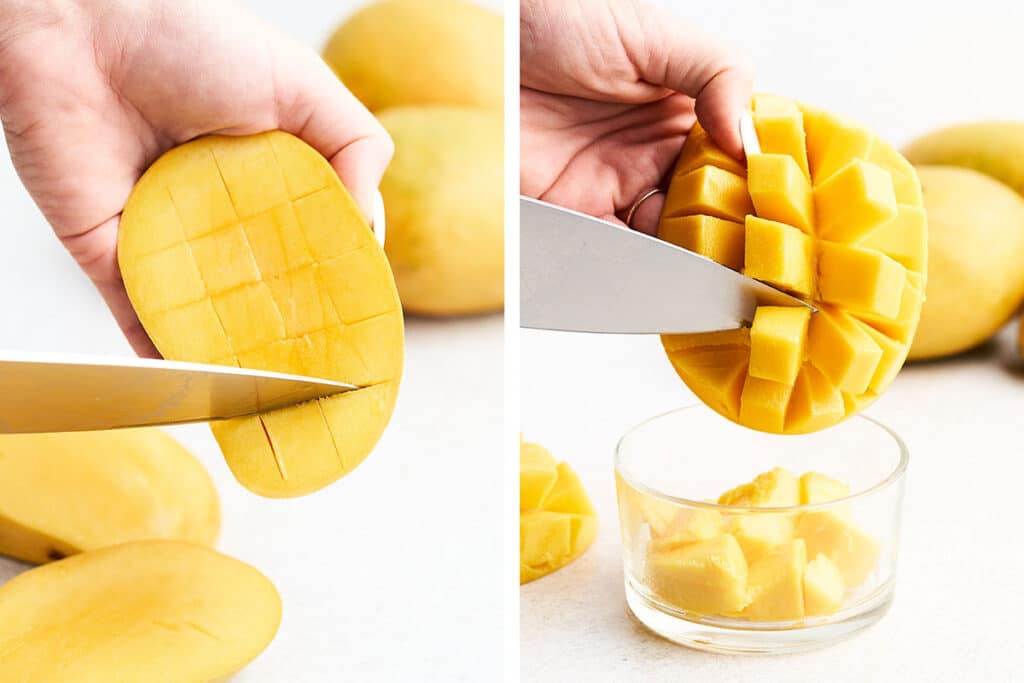 Cutting mango with the hedgehog method.