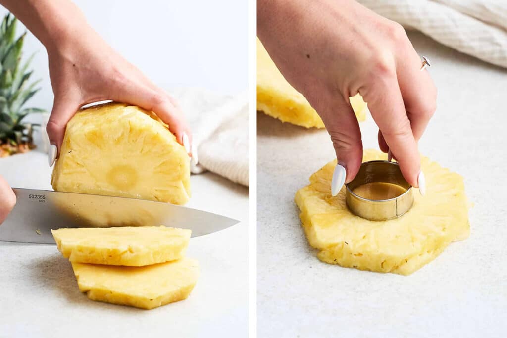 Cutting a pineapple into rings.