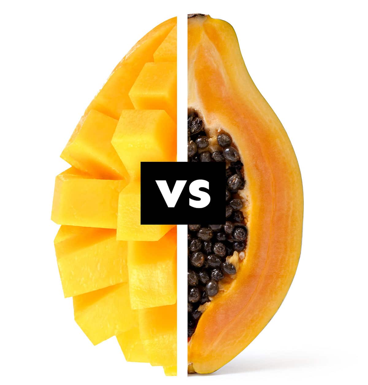 Mango vs papaya on white background.