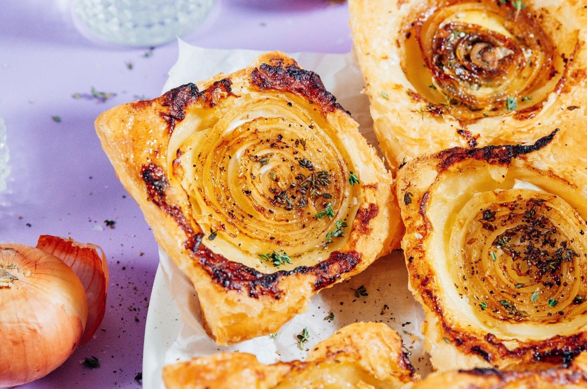 Onion tart on a plate.