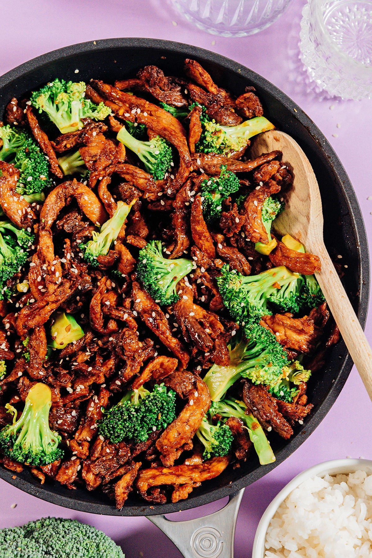 Vegan beef and broccoli in a saute pan.
