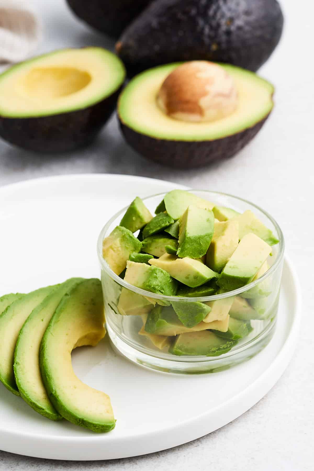 Cubed and sliced avocado.