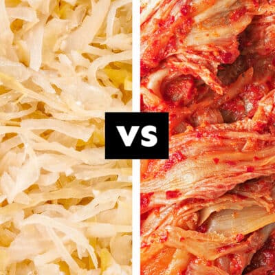 Collage with sauerkraut and kimchi next to each other.