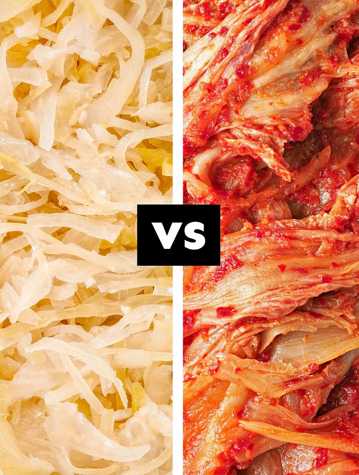 Collage with sauerkraut and kimchi next to each other.