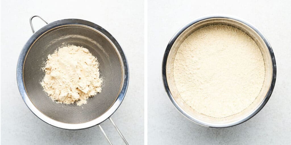 Passing chickpea flour through a sieve.
