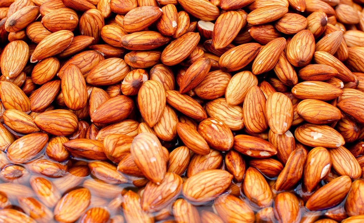 Activated almonds in a bowl of water.