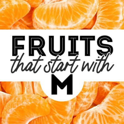 Collage that says "fruits that start with M".