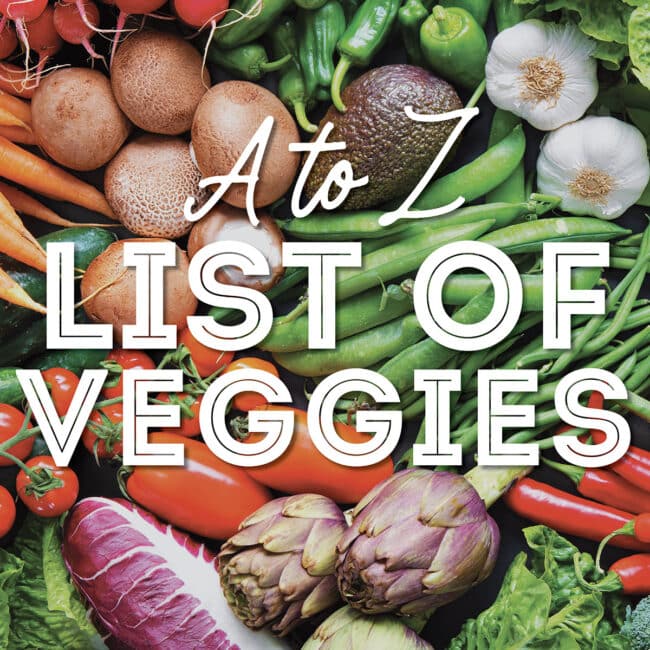 Collage that says "A to Z List Of Veggies".