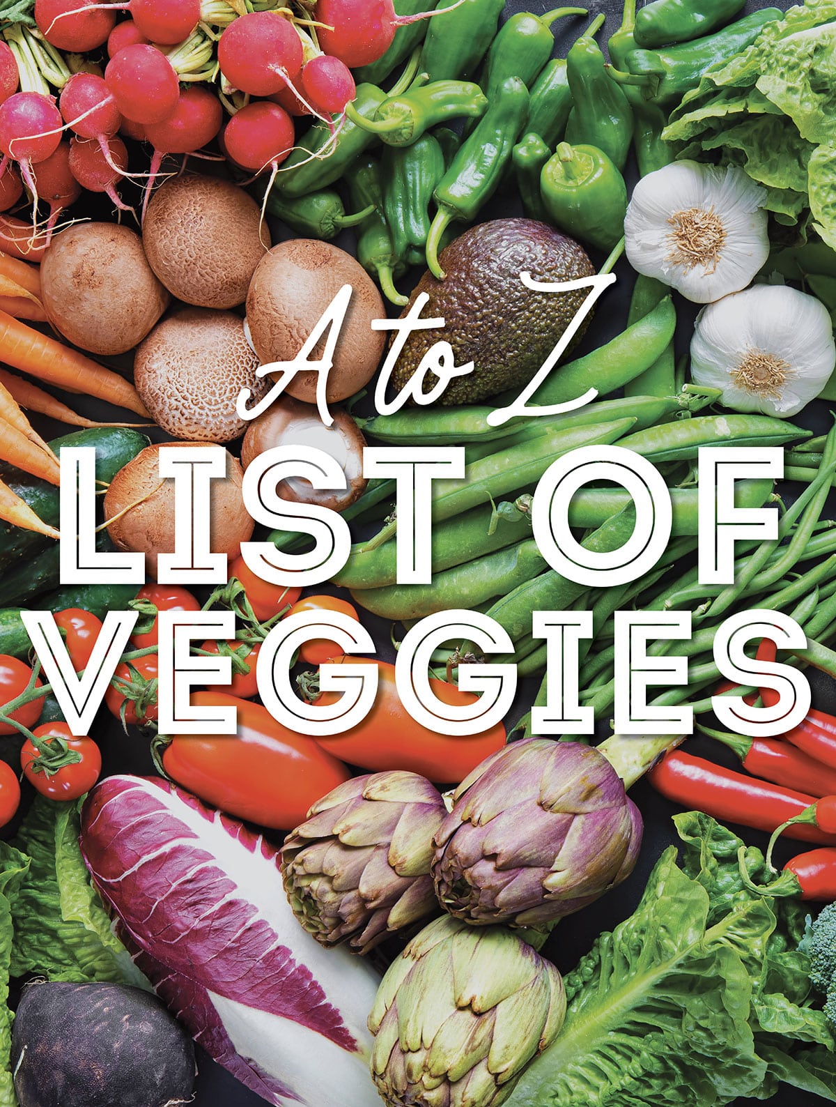 Collage that says "A to Z List Of Veggies".