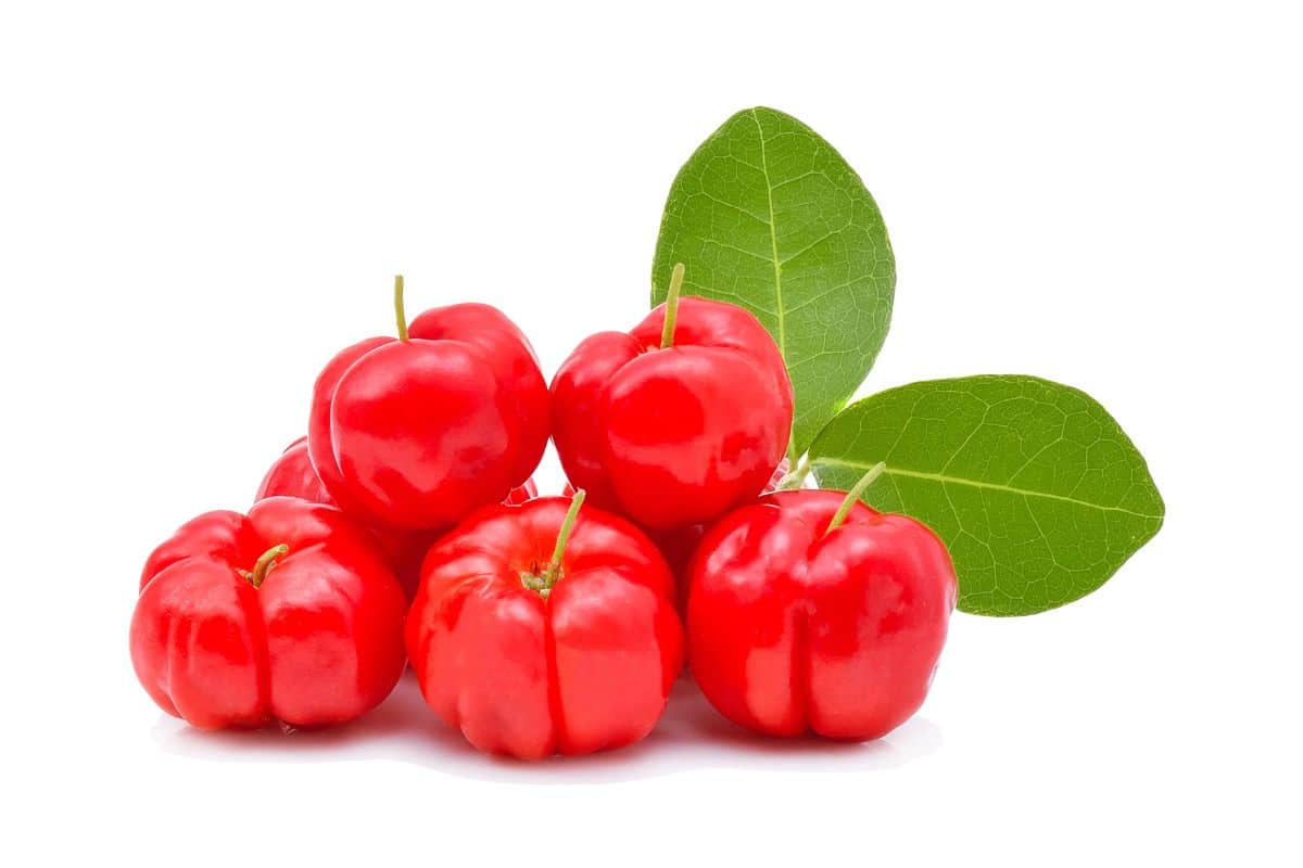 A stack of barbados cherries on a white background.