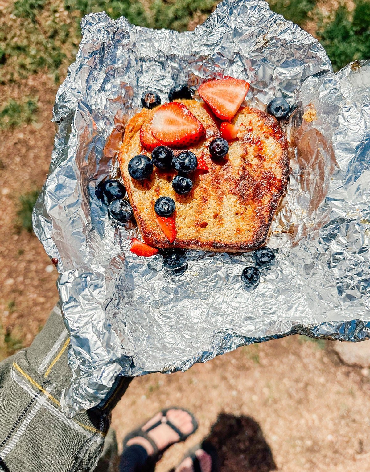 Campfire French toast in aluminum foil.