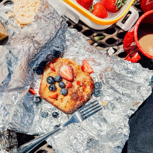 Campfire French toast in aluminum foil.