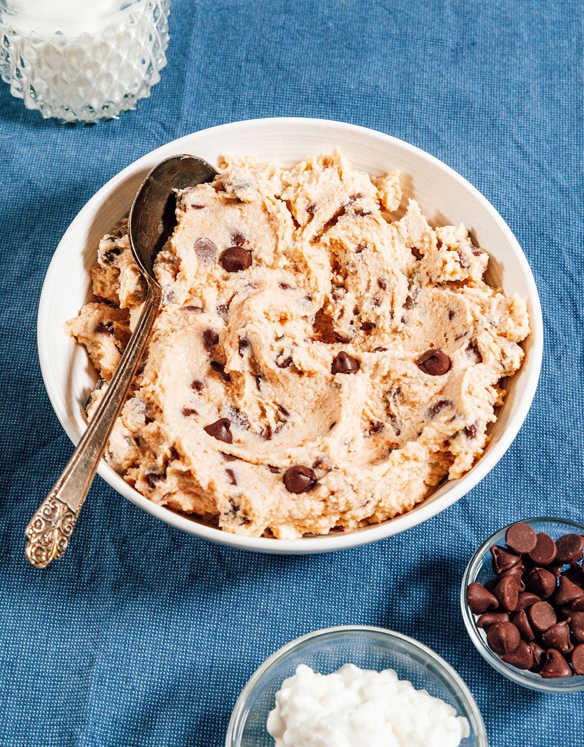 Cottage cheese cookie dough in a bowl with a spoon.