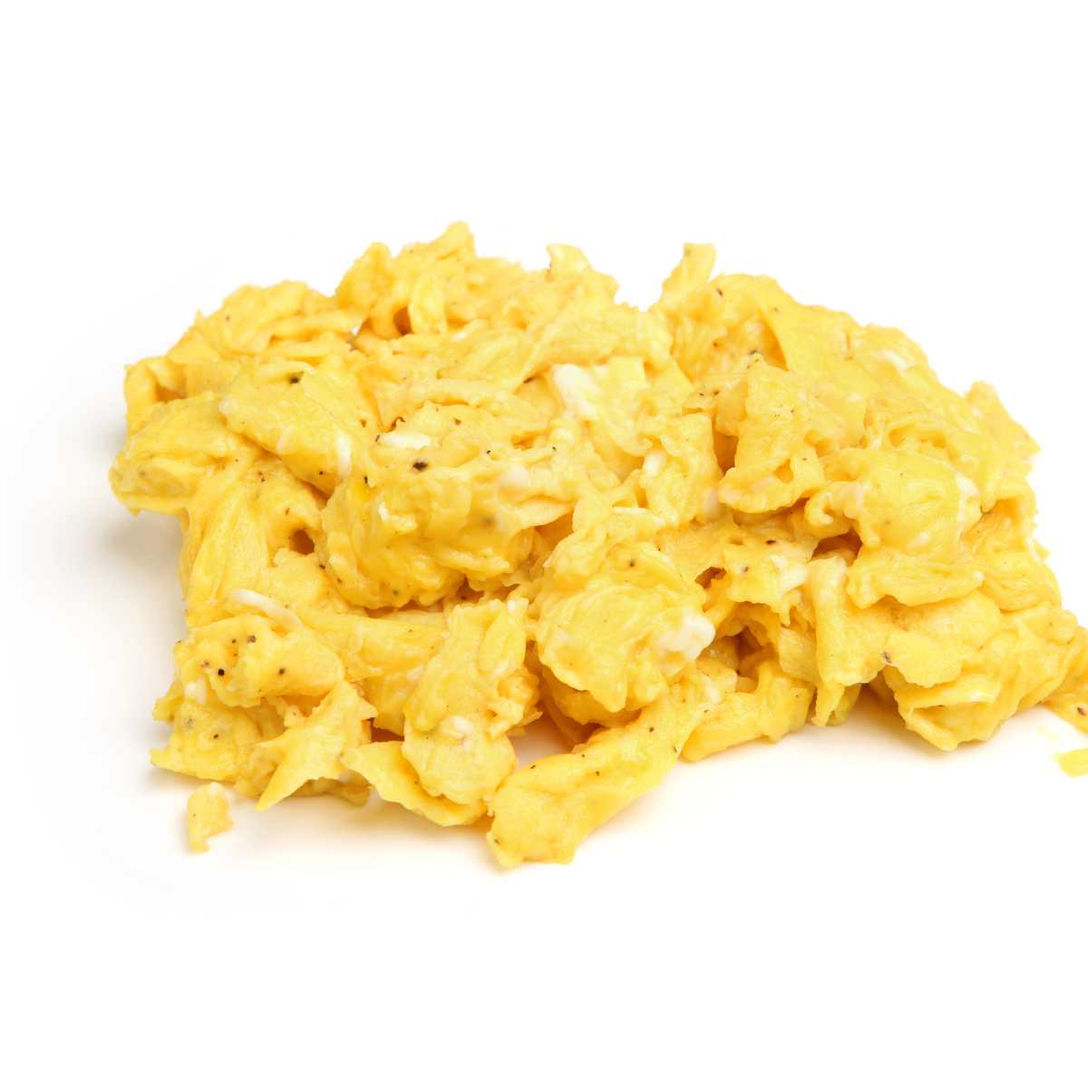 Hard scrambled eggs on a white background.