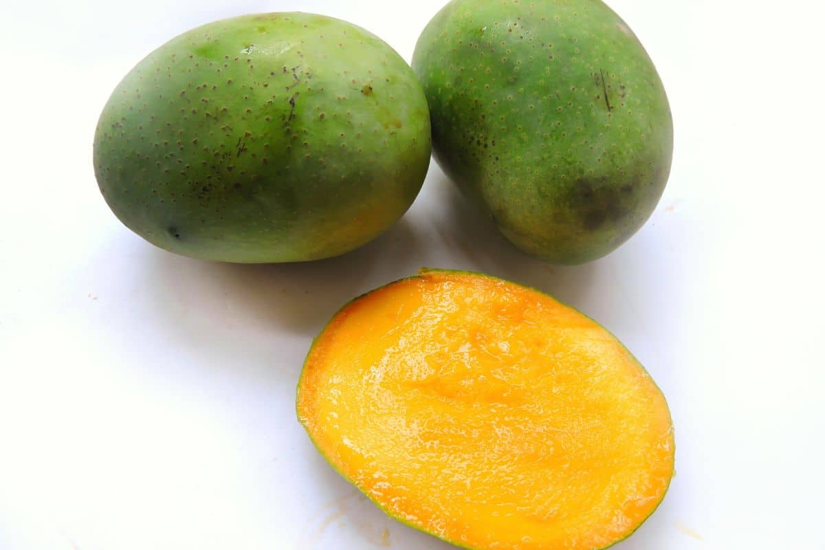 Two langra mangos on a white background.