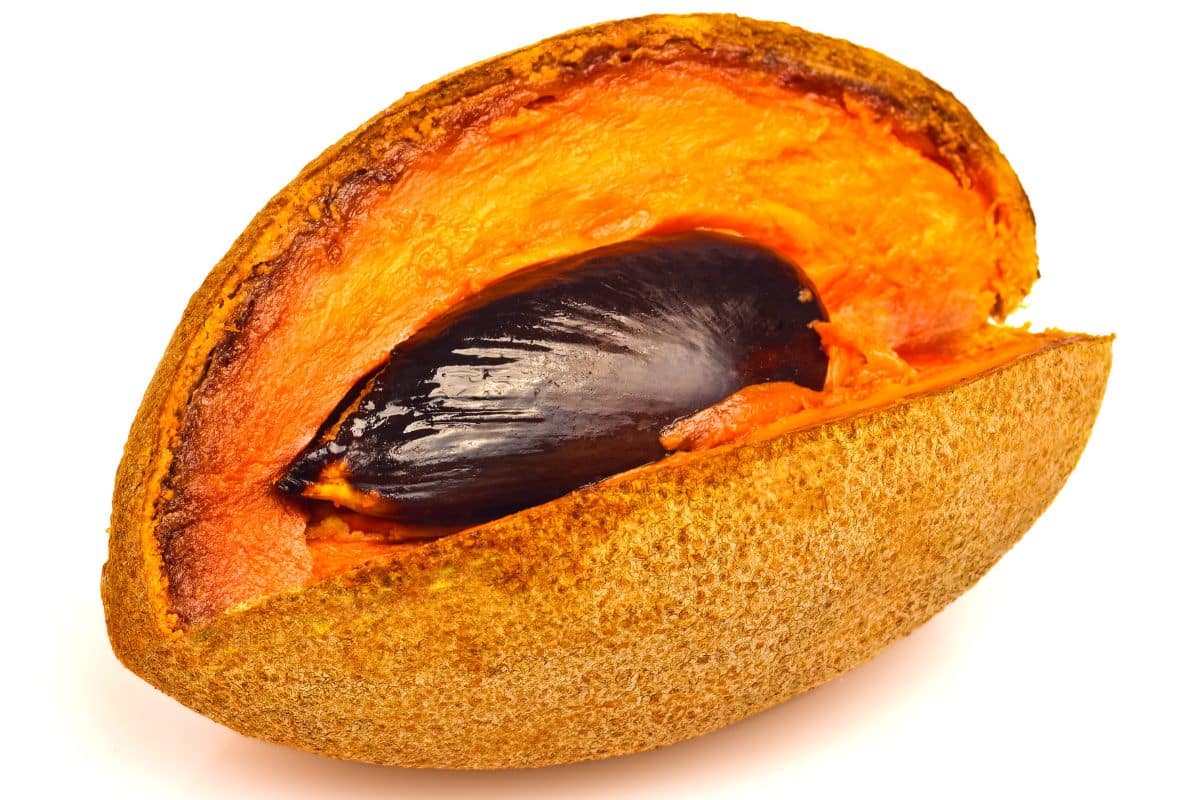 A mamey sapote fruit cut open on a white background.