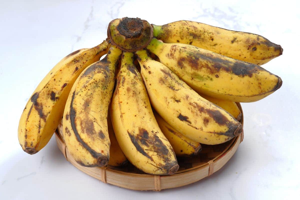 Pisang raja banana bunch on a wicker tray.