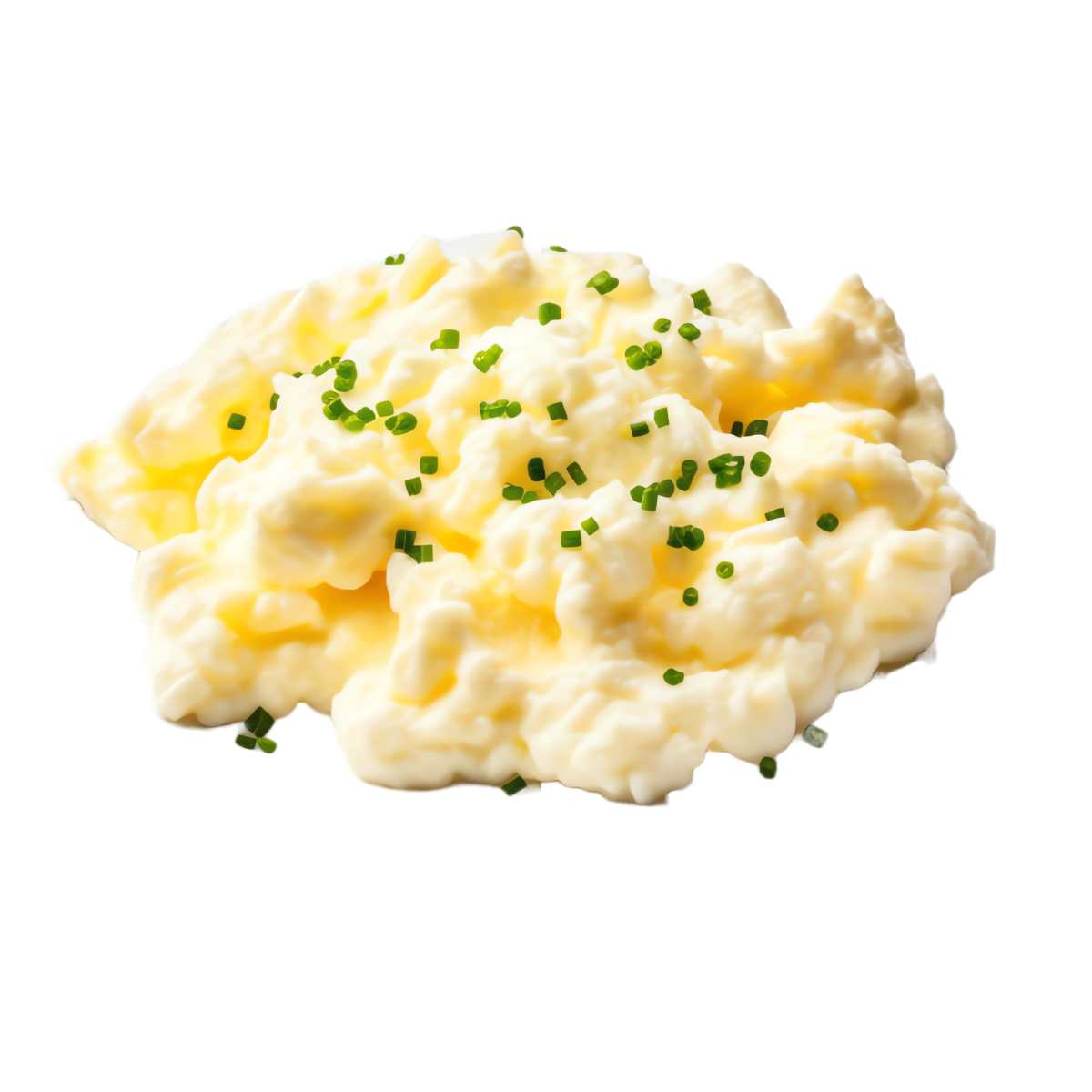 Soft scrambled eggs on a white background with chives on top.