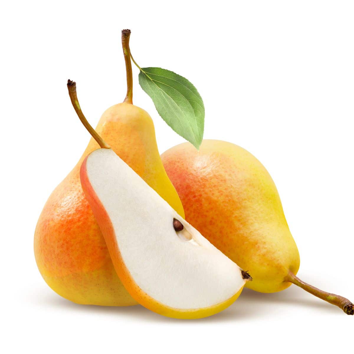 Summercrisp pears on a white background with one cut open.