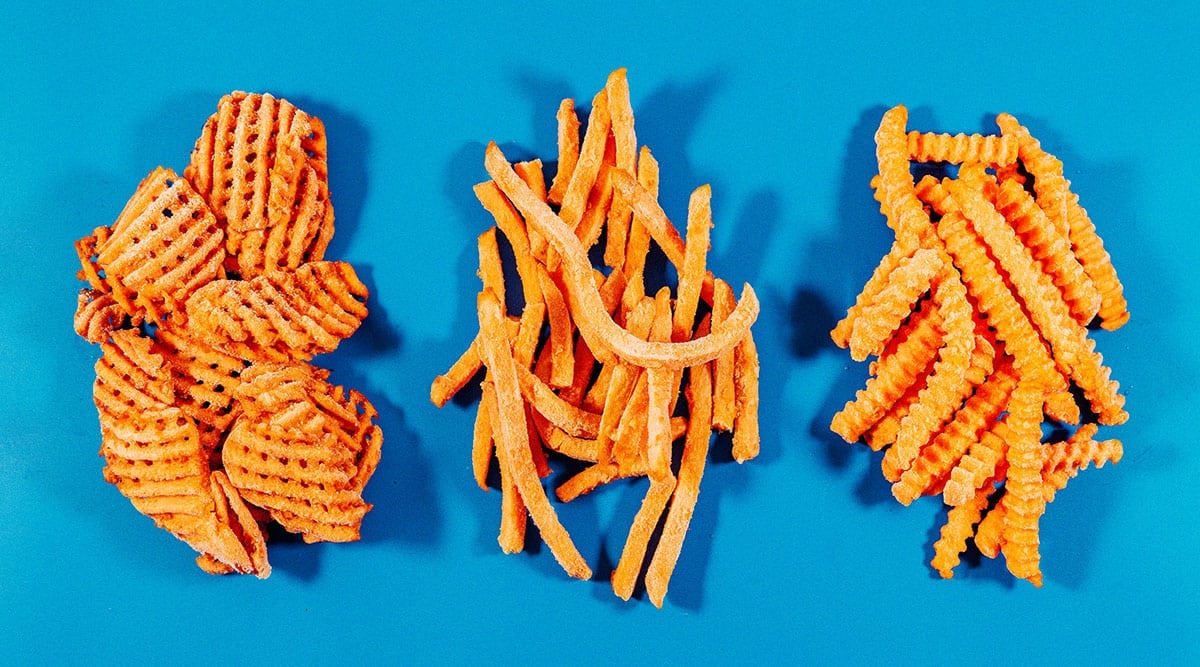 Different types of frozen sweet potato fries.
