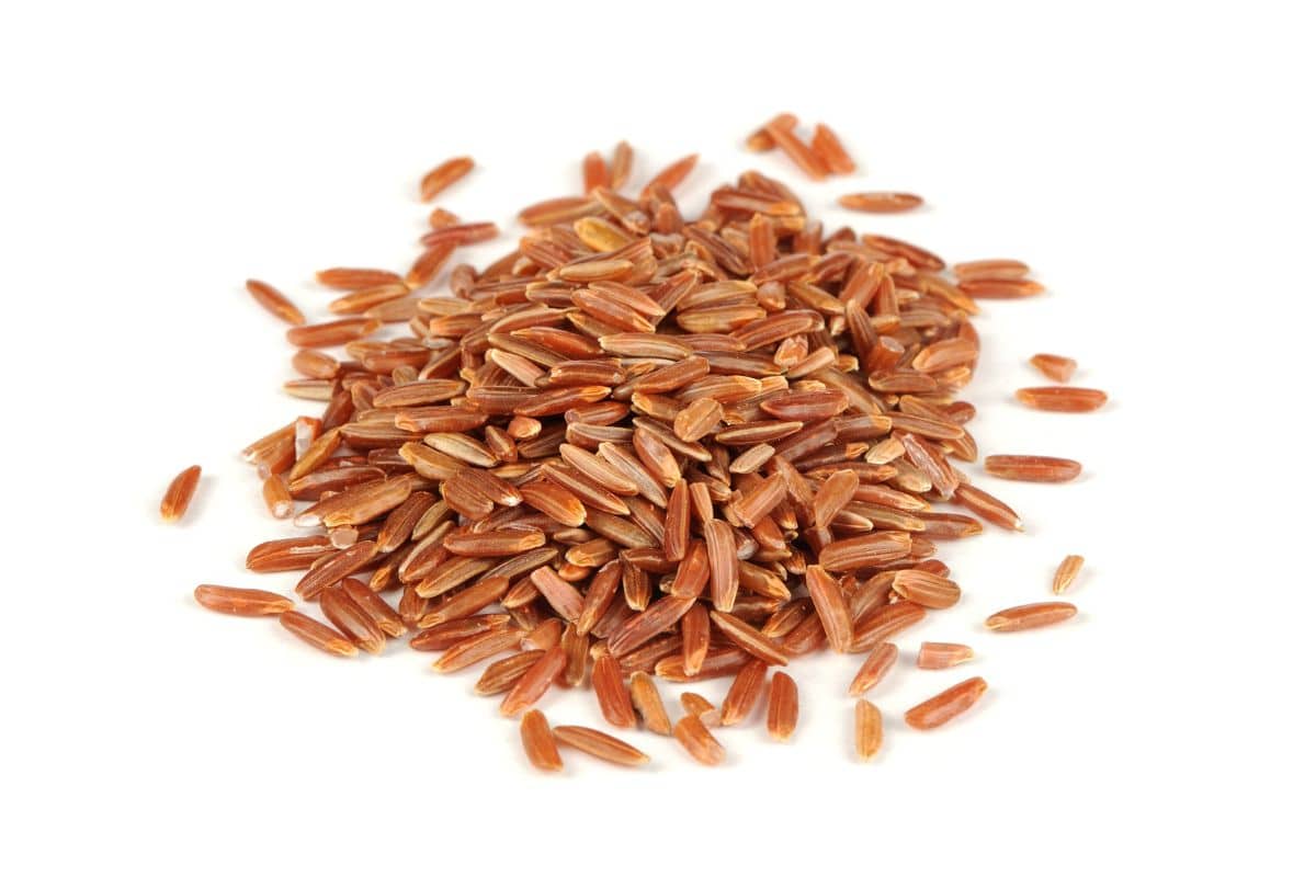 Butanese red rice on an isolated white background.