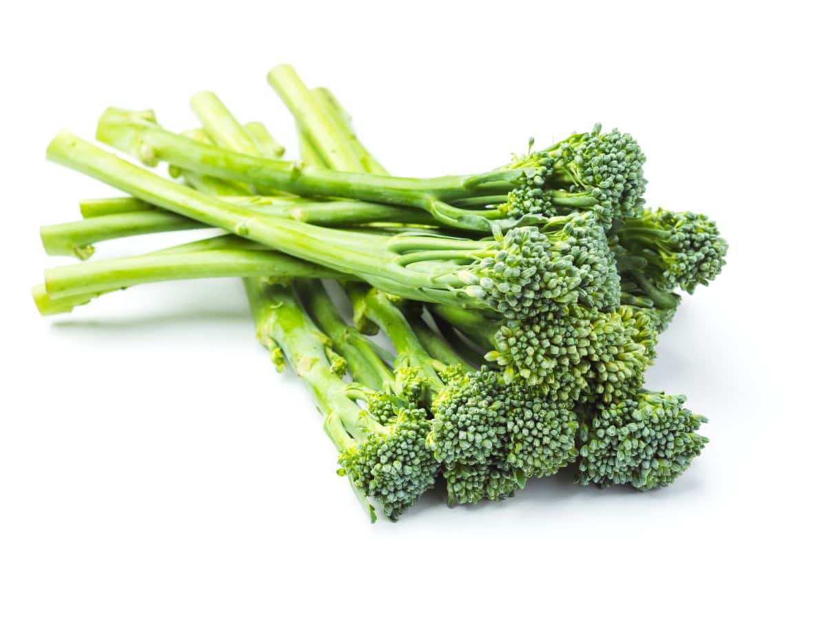 Broccolini on a white background.