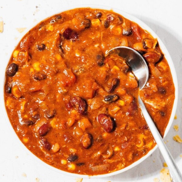 Vegetarian chili with a spoon.