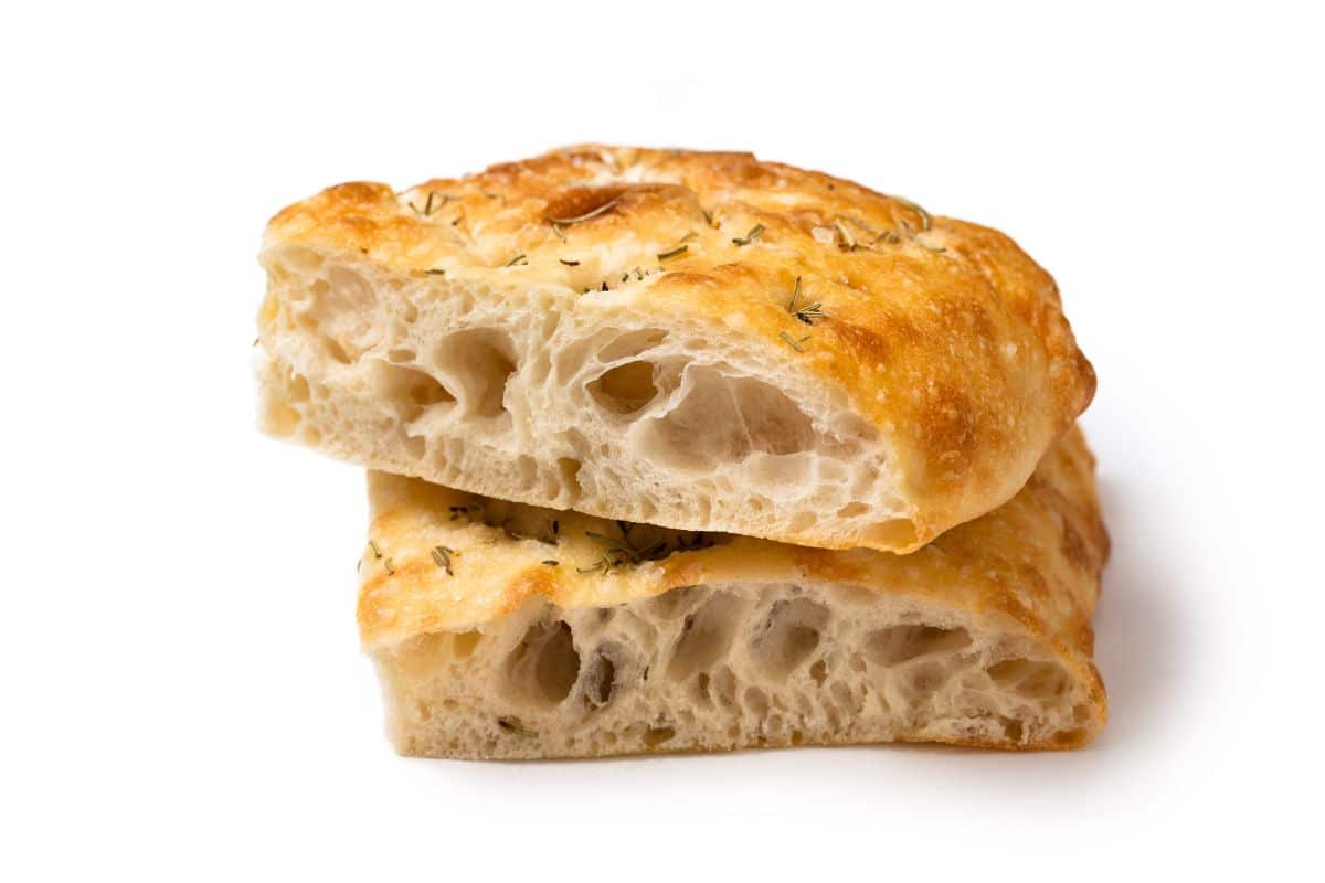 Focaccia bread on a white background.