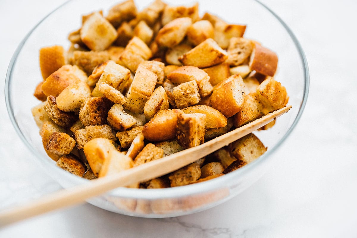 Croutons in a glass bowl.