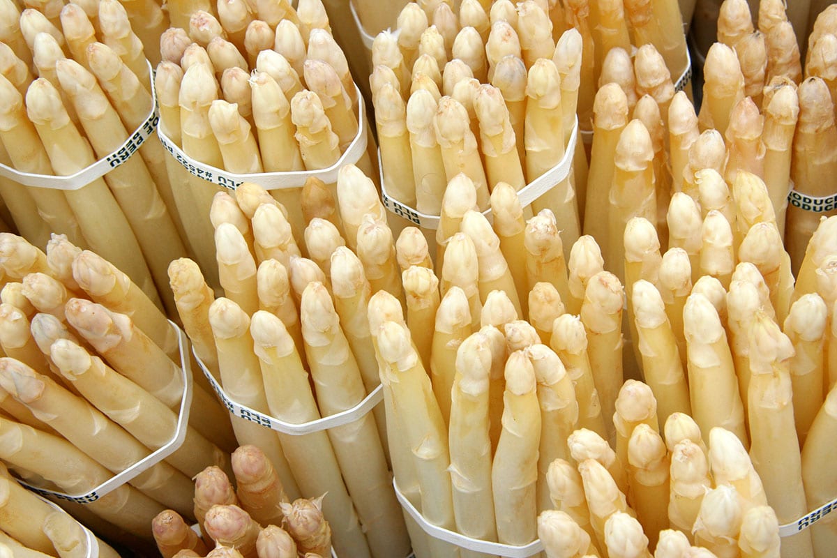 Bunches of white asparagus.