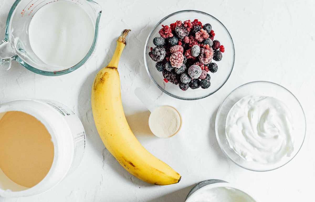 Banana, berries, yogurt, and protein powder.