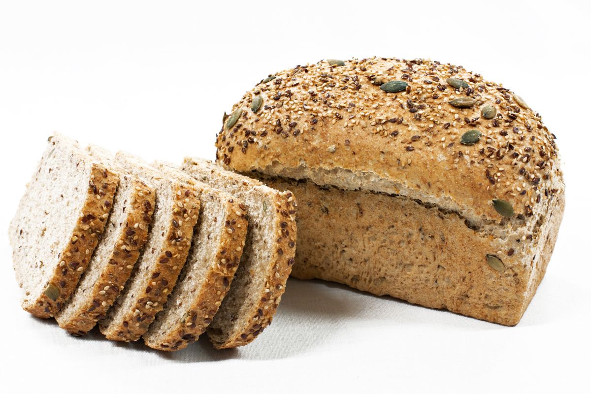 Sprouted grain bread on a white background.