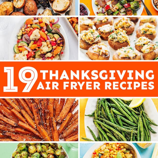 Collage that says "19 Thanksgiving air fryer recipes).