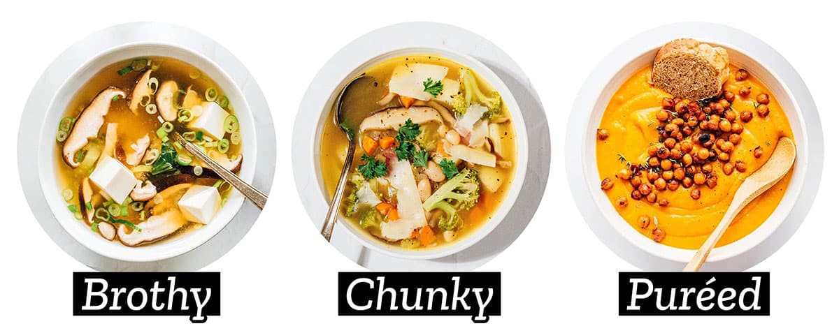 Types of soup in a collage: brothy, chunky, pureed.