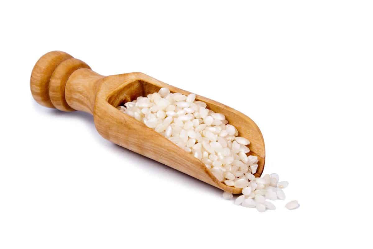 Valencia rice in a wood spoon on a white background.