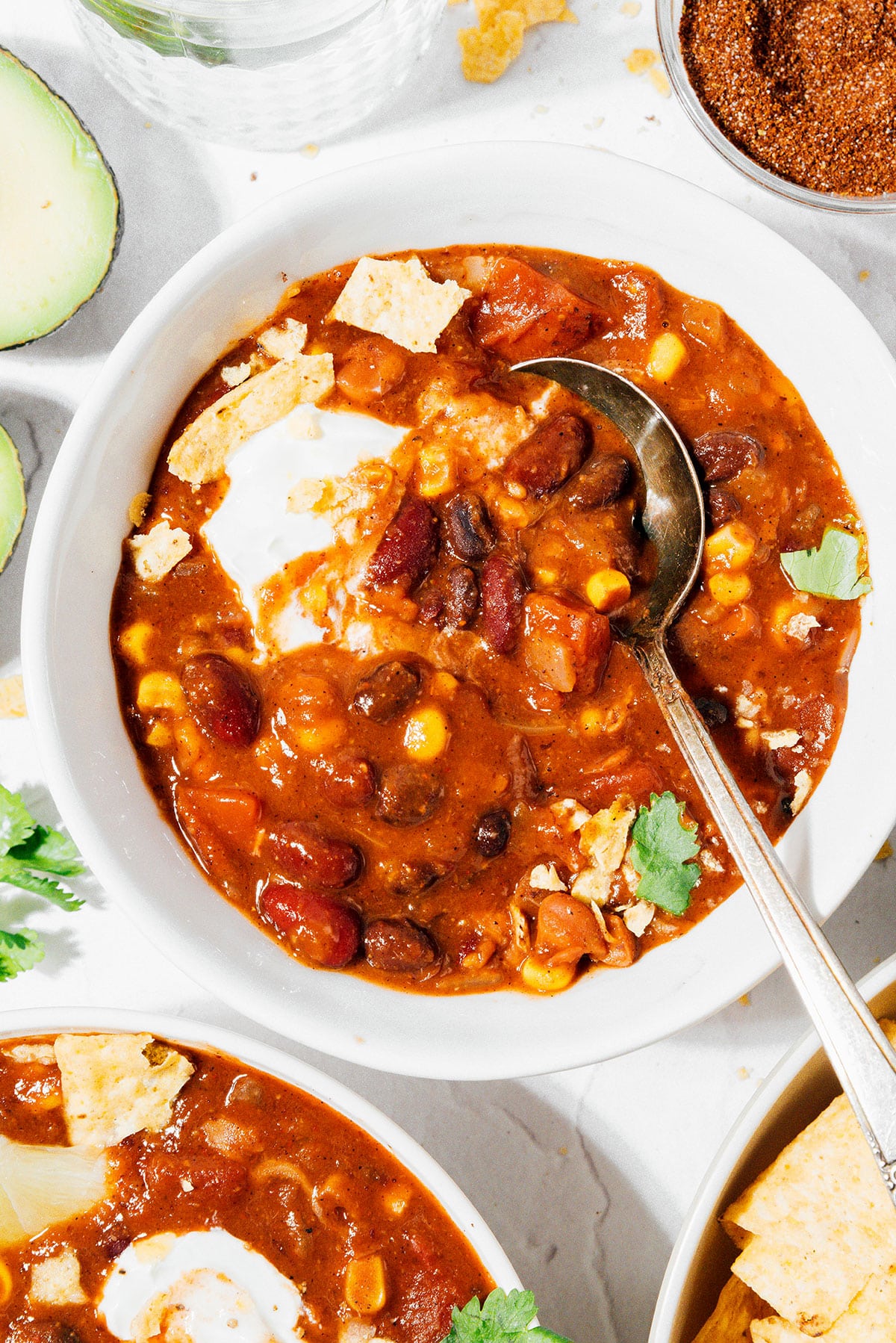 Vegetarian chili with a spoon.