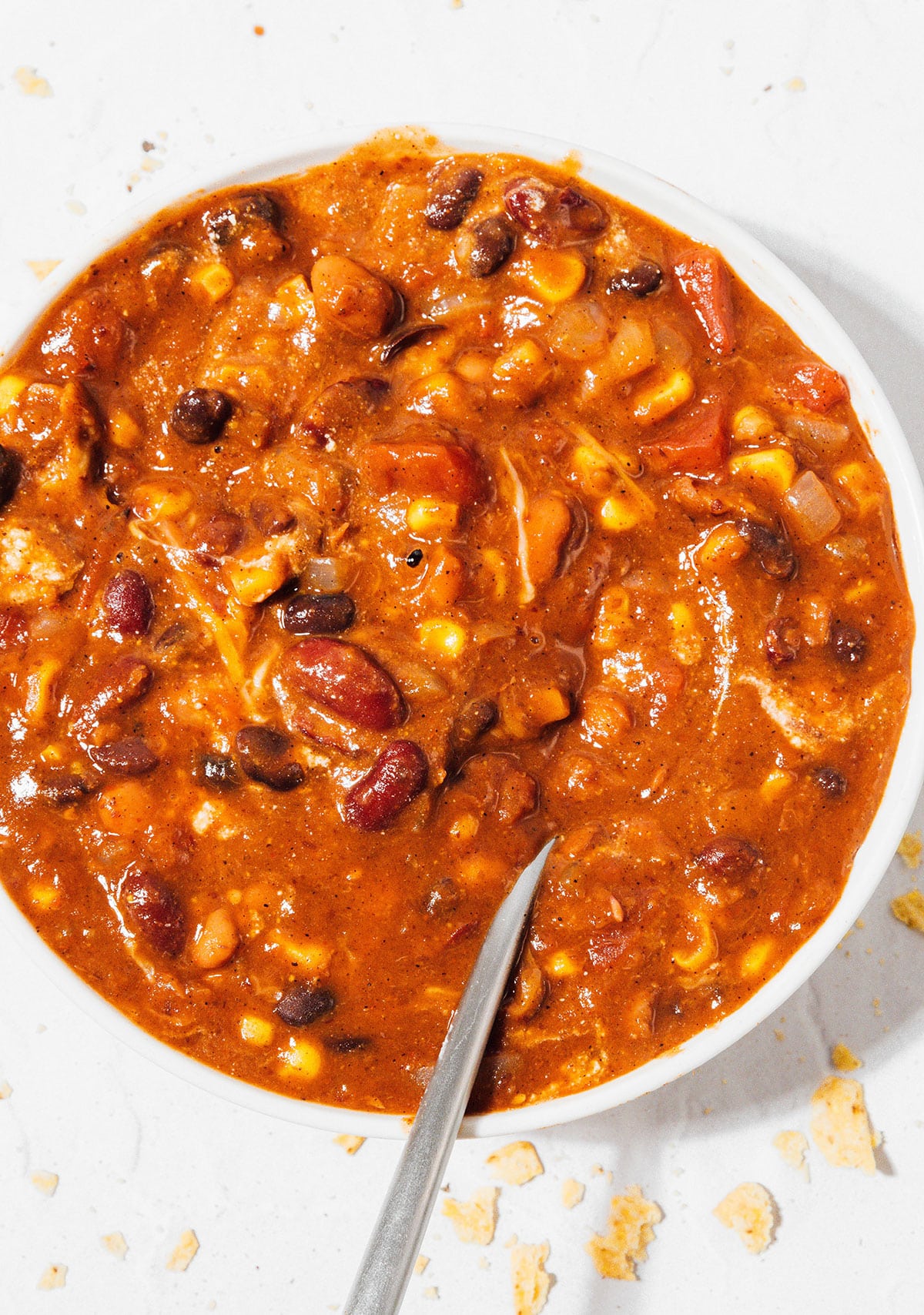 Vegetarian chili with a spoon.