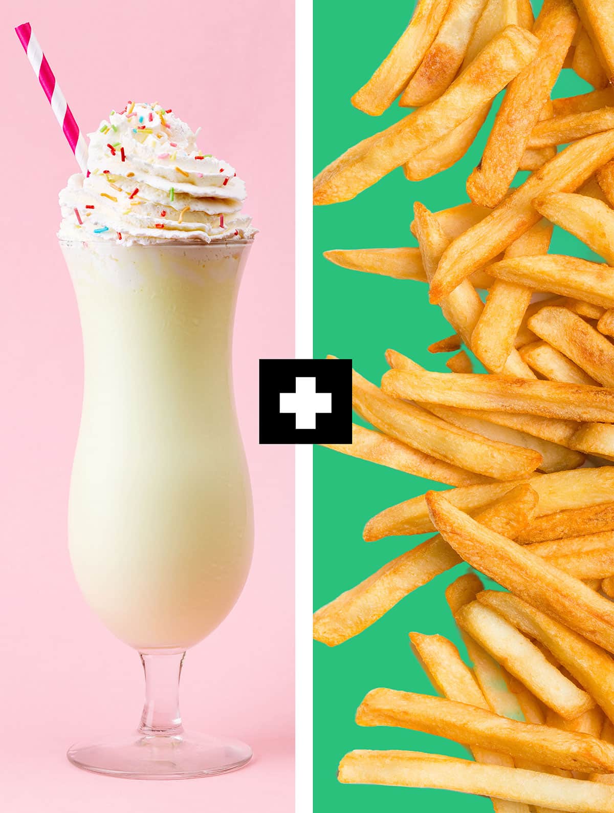 Collage with milkshake next to french fries.