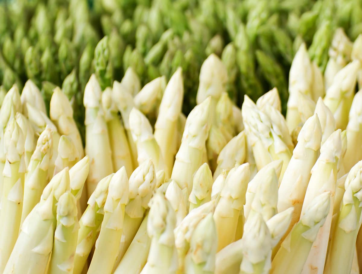 White asparagus next to green asparagus.