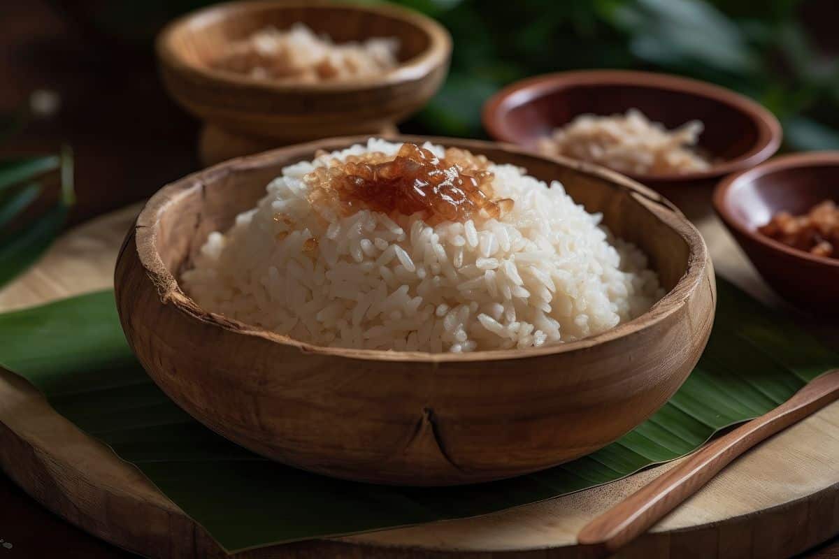 Xoi rice in a wooden bowl on a table.