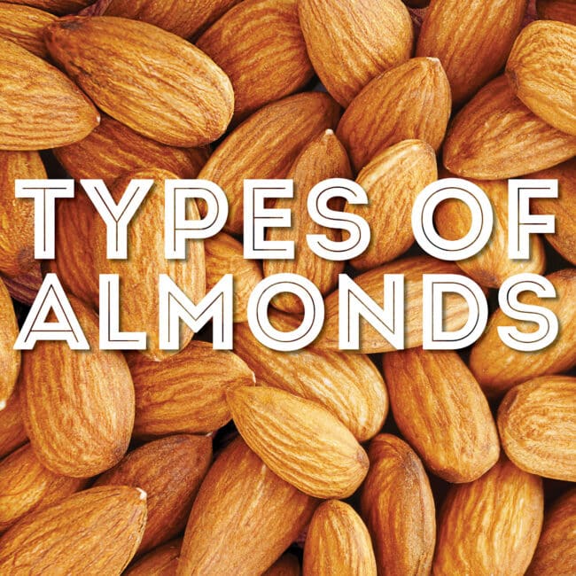 Collage that says "types of almonds".