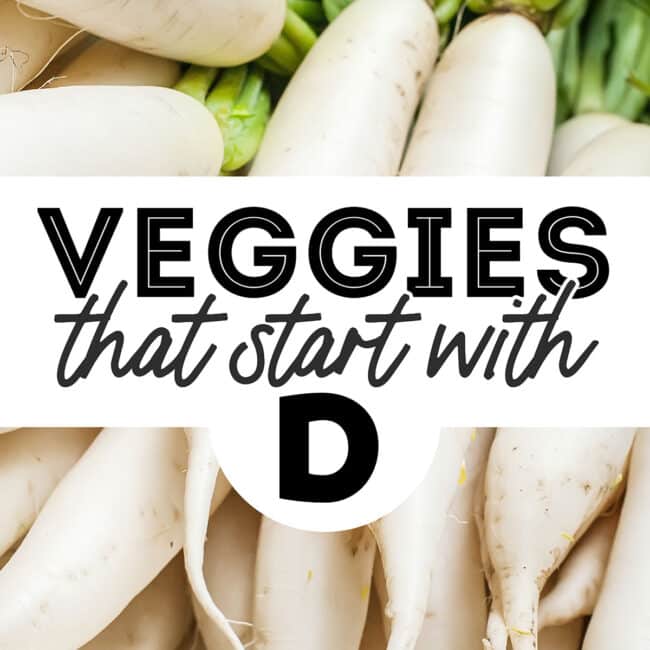 Collage that says "vegetables that start with D".